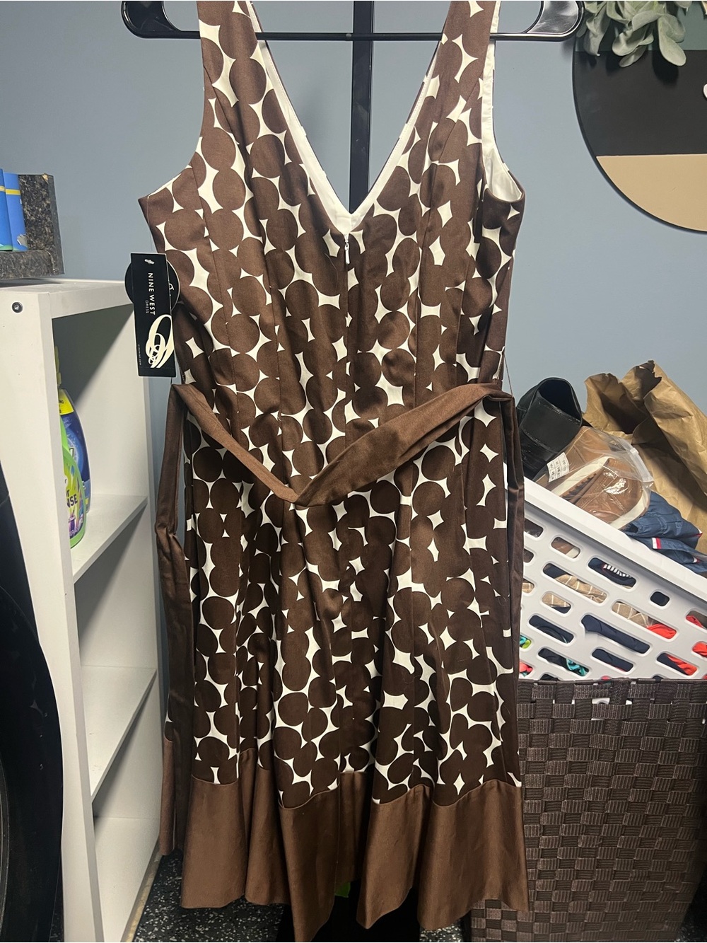 Nine West Brown and White Geometric Midi Dress